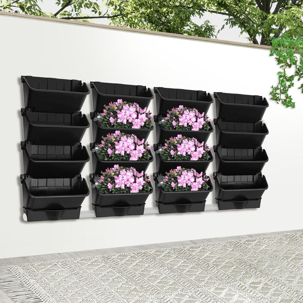 Vertical Wall Planter with 16 Pots, Hanging Garden Plant Flowerpot Holder, Stackable Wall-Mounted Planter, Balcony Planters for Flowers Vegetables Fruits (Black, 16 Pots+4 Drainage Planters&Pipe)