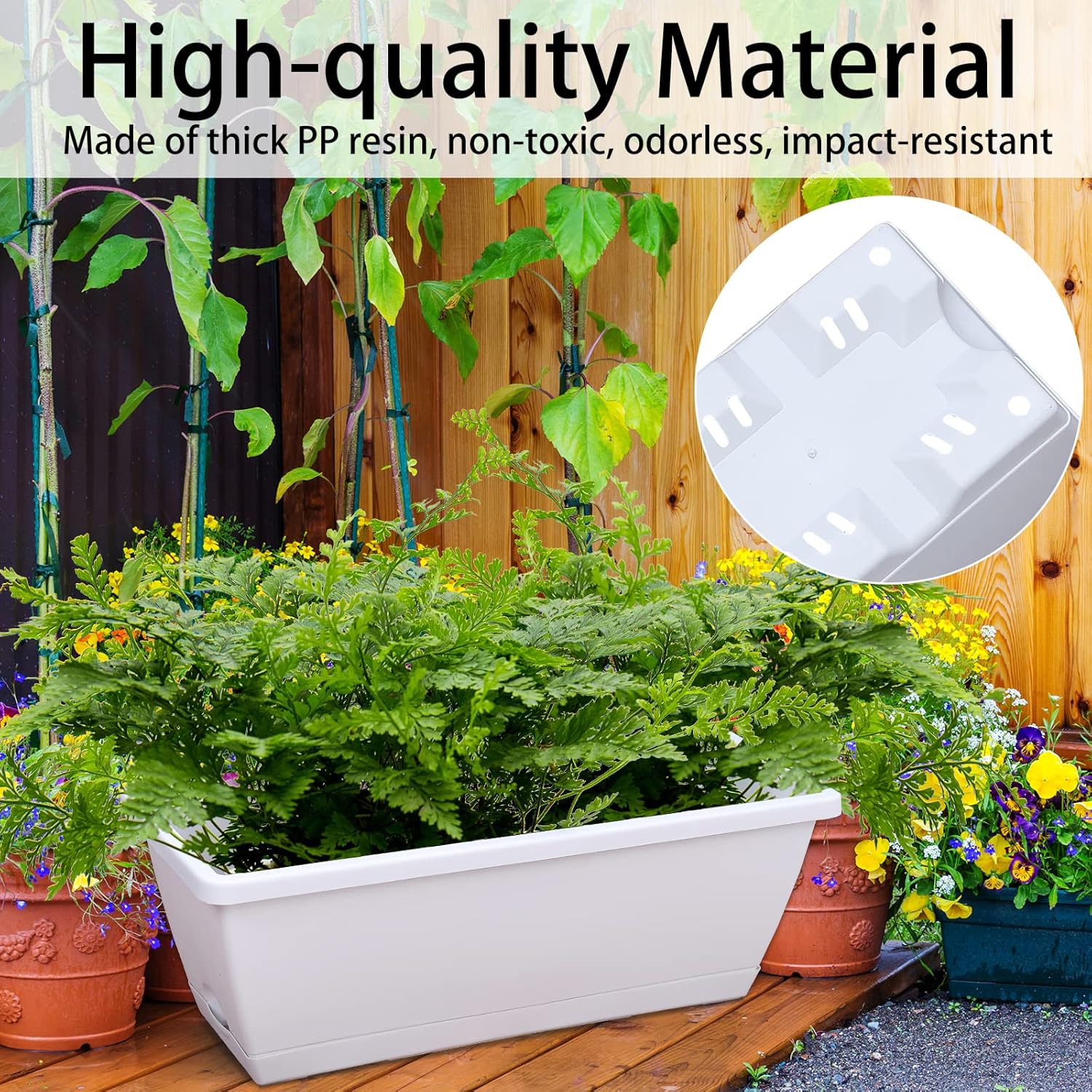 Window Box Planter, 7 Pack Plastic Vegetable Flower Planters Boxes 17 Inches Rectangular Flower Pots with Saucers for Indoor Outdoor Garden, Patio, Home Decor (White)