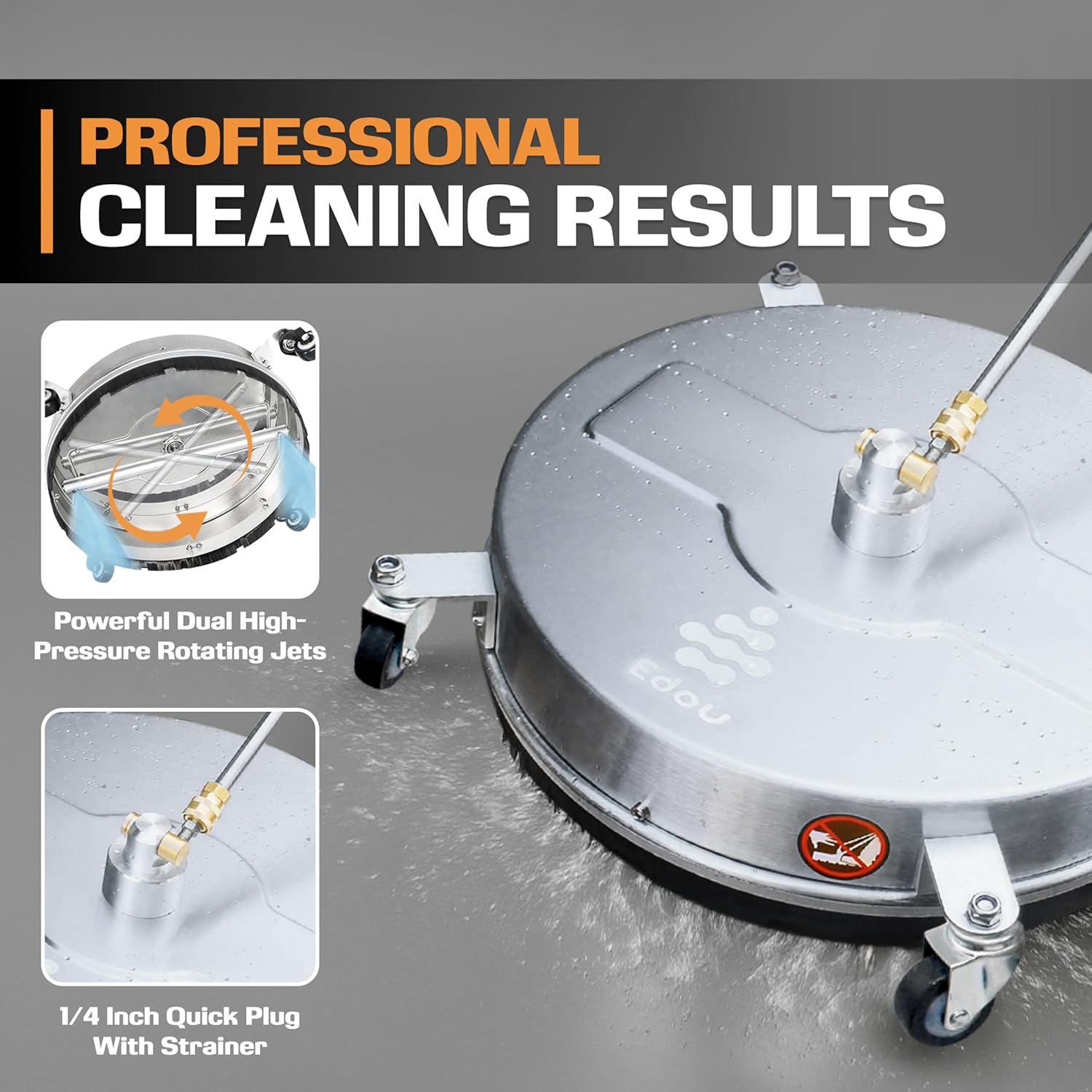 EDOU Pressure Washer Surface Cleaner - 20-Inch Stainless Steel Cleaner, 2 Replaceable Nozzles, 2 Washer Wand Attachments, 4 Wheels - 4000 PSI Maximum Pressure - 1/4" Quick Connector