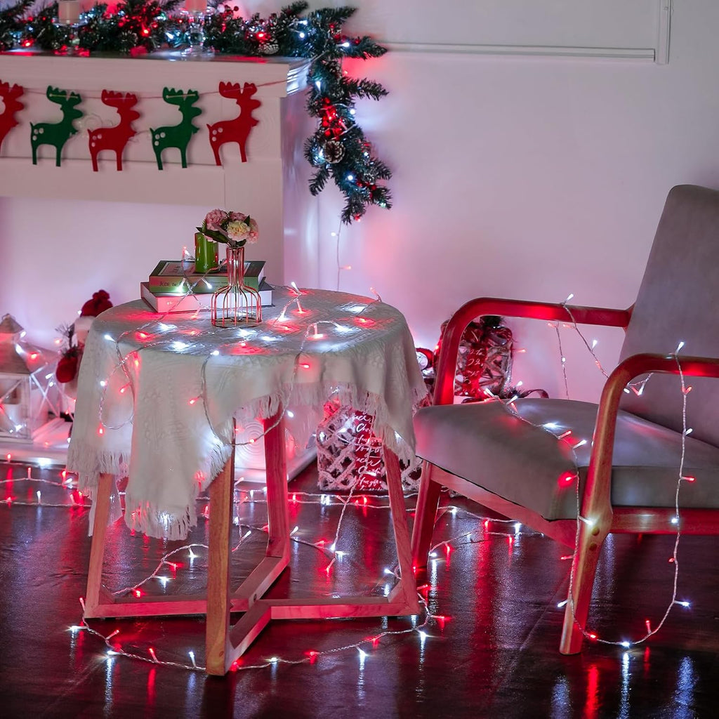 JMEXSUSS Connectable Red and White Christmas Lights, 8 Modes 100 LED Twinkle String Lights Indoor, Clear Wire Plug-in Christmas String Lights Outdoor Waterproof