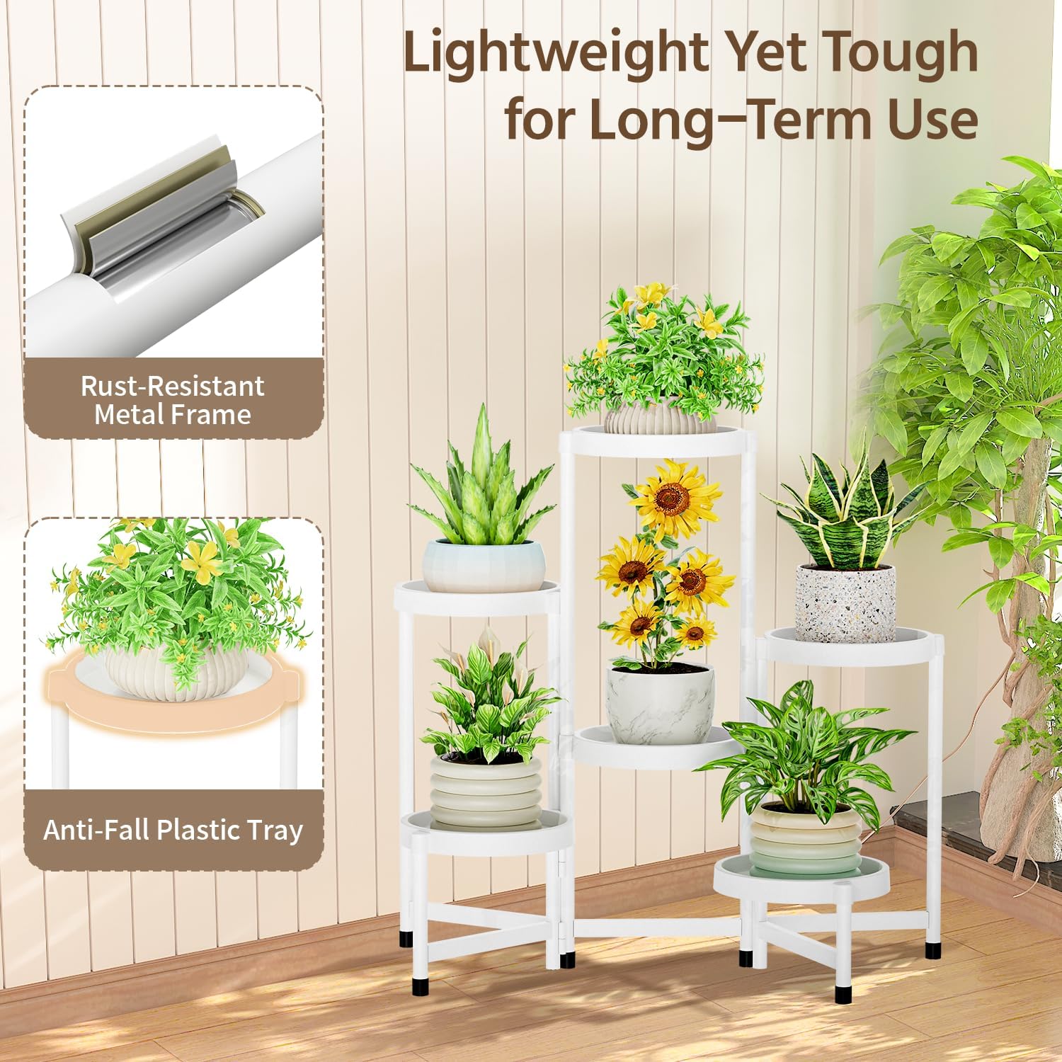 LASZOLA 6 Tiered Folding Plant Stand Indoor for Multiple Large Planter, Tall Heavy Duty Adjustable Rack with Rust Proof Plastic Shelving, Sturdy Vertical Tree Organizer for Narrow Inside Floor, White