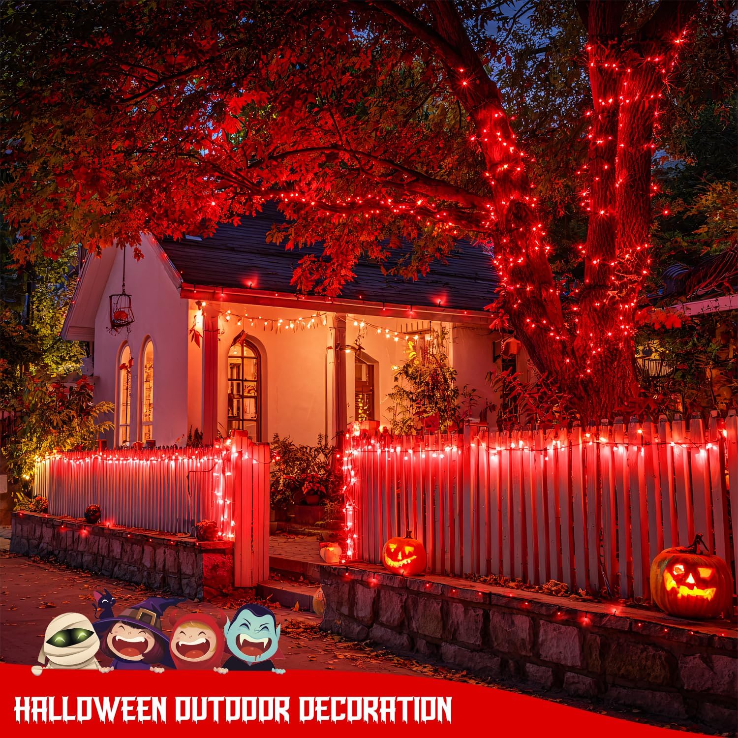 JMEXSUSS 2 Pack Red Solar Lights Outdoor Waterproof, Total 400 LED 151FT Red Halloween Lights, 8 Modes Solar Christmas String Light for Outside Yard Patio Garden Tree Decorations