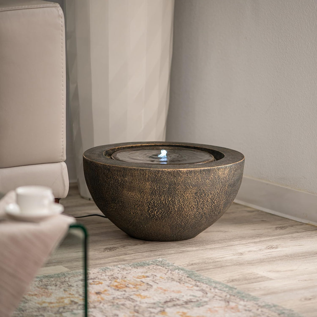 Xbrand 19.8"" W Round Polyresin Indoor/Outdoor Sphere Water Fountain w/LED Light, Garden Water Fountain, Water Bowl Fountain, Patio Water Fountain, Water Fountain Décor, Bronze, AMS3542-1