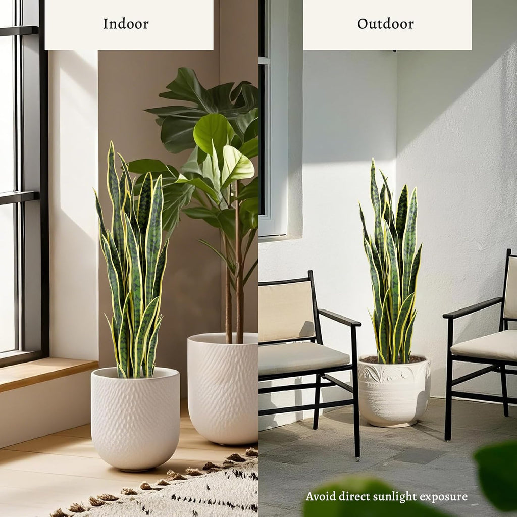 KOL 3ft Artificial Snake Plant, Fake Sansevieria Potted Floor Plants, 32 Lifelike Faux Leaves, Indoor Home Office Room Decoration, Mother-in-Law Tongue, 35in, Yellow