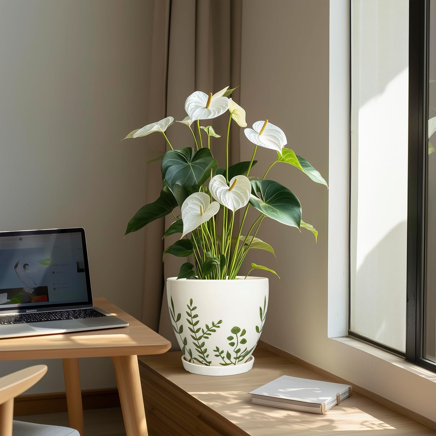 Ceramic Pot for Plants 8.2 Inch - Indoor Plant Pot with Drainage Hole and Saucer, Decorative Boho Round Outdoor Planter, Gardening Gifts for Women Men, Room Patio Office Home Decor, White