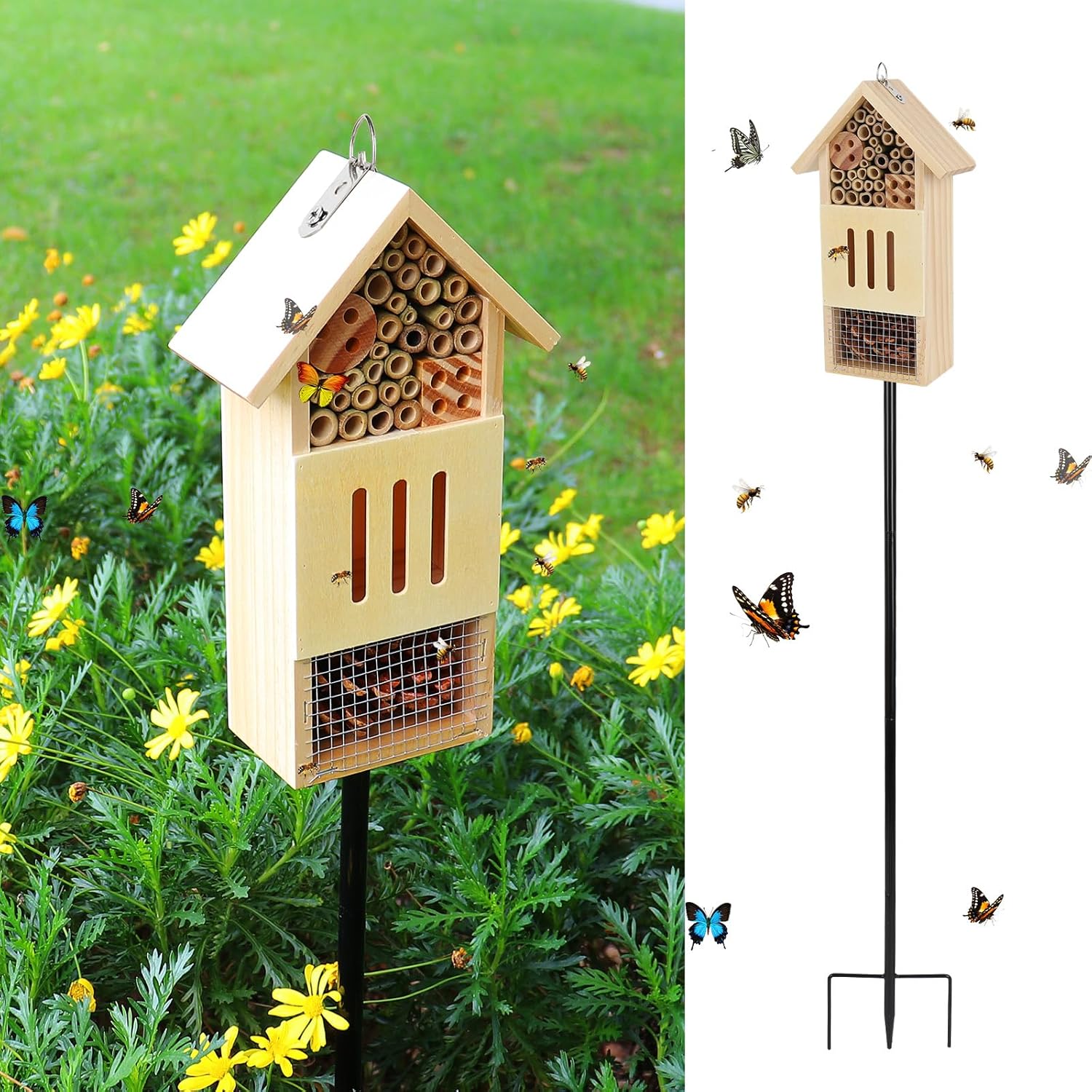Wooden Insect House, Bee House with Metal Stake for Gardens, Insect Hotel & Butterfly Hotel on The Ground or Hanging on Tree Wall, Natural Insect Habitat for Bee, Butterfly, Ladybirds, Bugs