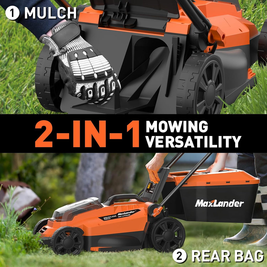 Maxlander Lawn Mowers, 13Inch Electric Lawn Mower Cordless, 20V 2-in-1 Battery Powered Lawn Mower with Brushless Motor, 5-Position Height Adjustment, Battery and Charger Included