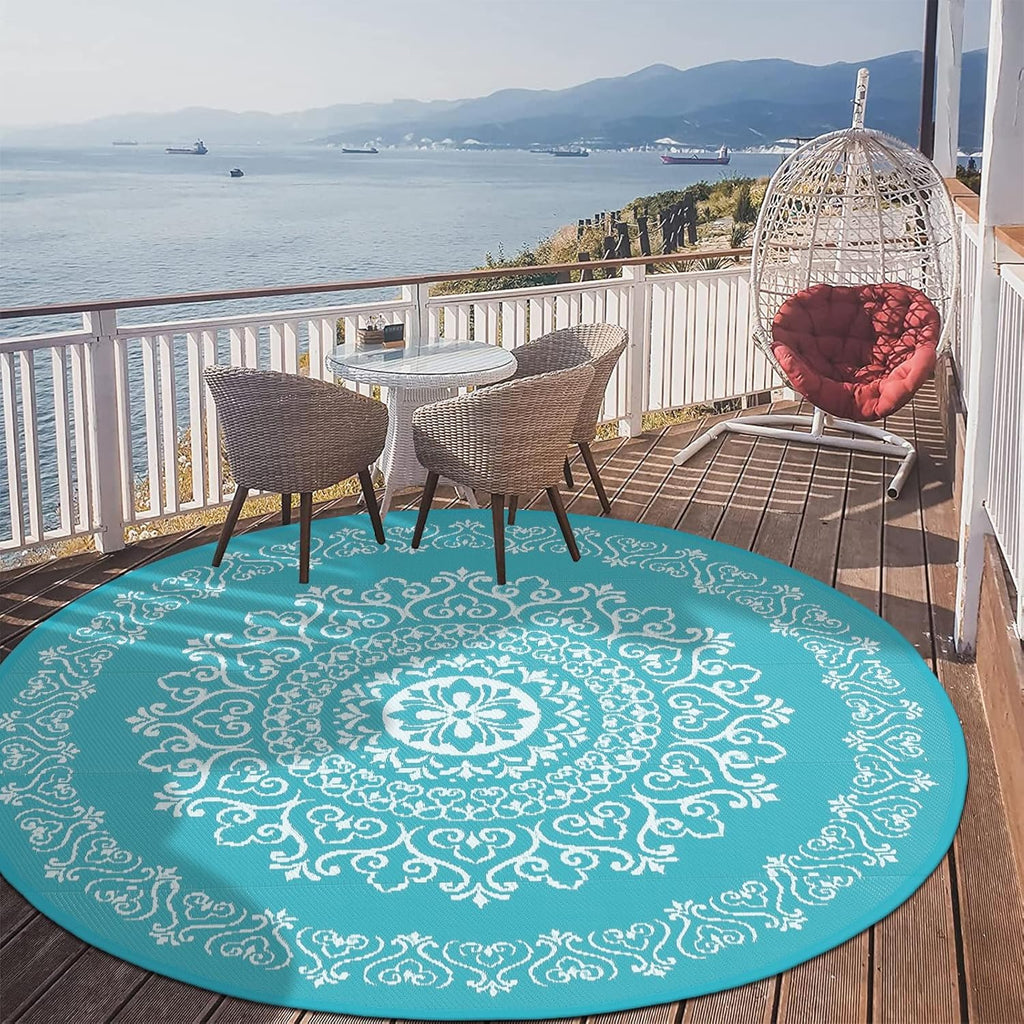 Pauwer Waterproof Outdoor Rug 6ft, Reversible Plastic Straw Patio Camping Rug, Indoor Outdoor RV Mat Carpet for Deck, Camper, Porch, Balcony, Backyard, Picnic, Floral Teal