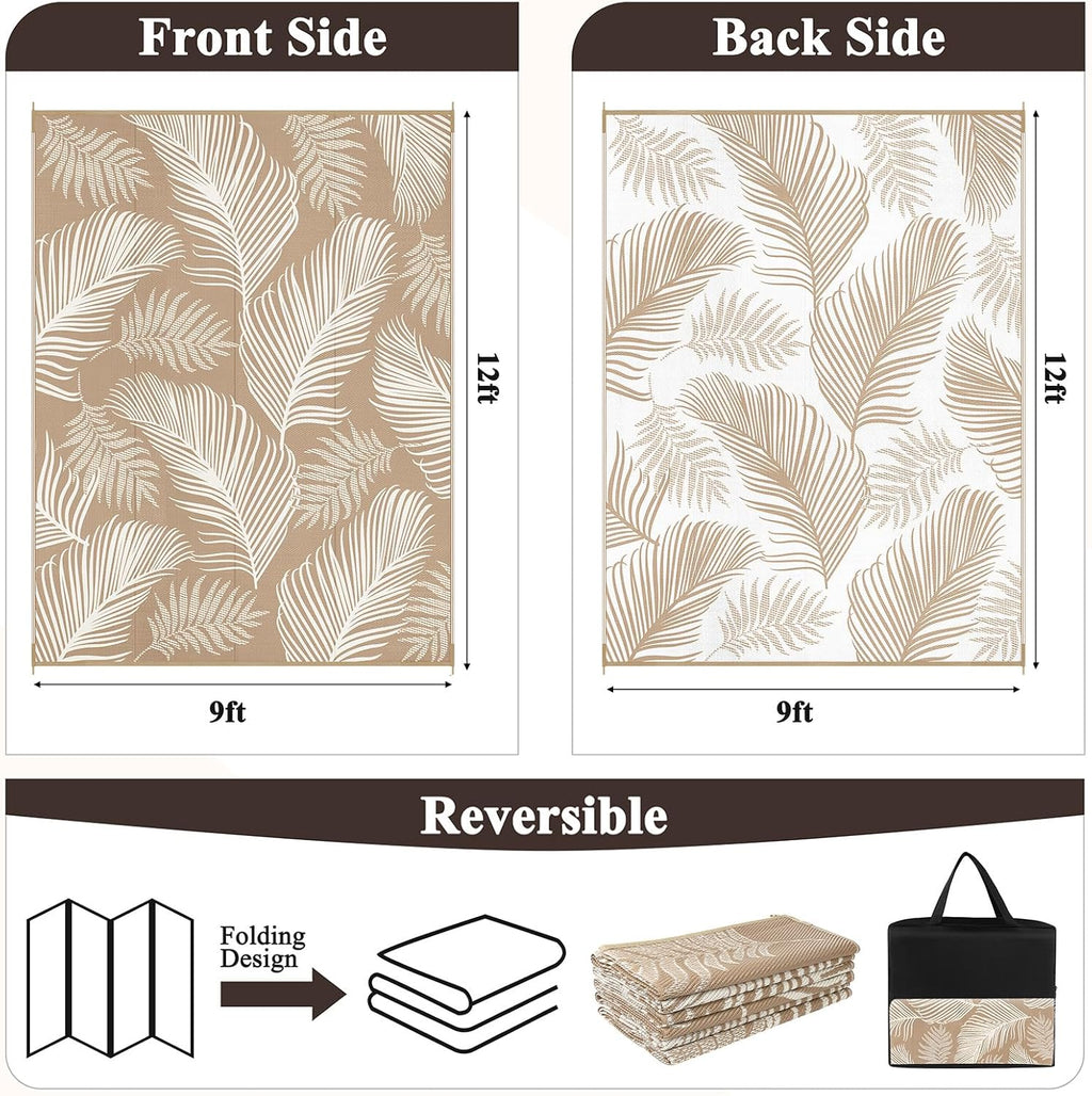 Pauwer Waterproof Outdoor Rug 9x12, Reversible Plastic Straw Patio Camping Rug, Indoor Outdoor RV Mat Carpet for Deck, Camper, Porch, Balcony, Backyard, Picnic, Leaf Brown