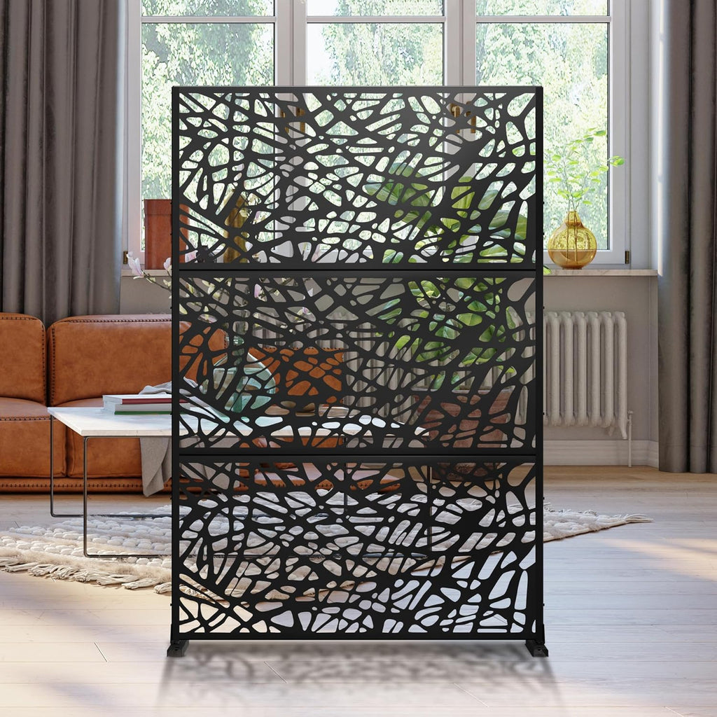 Metal Privacy Screen Outdoor 72" H×47" W,Freestanding Decorative Privacy Screen for Balcony Yard&Garden,Privacy Fence-Black&Net