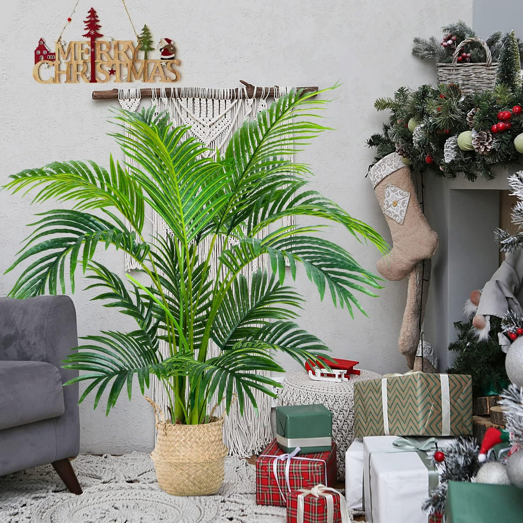 Worth Garden 4ft Artificial Areca Palm Plant 2 Packs in Pot, Fake Cane Palm Silk Tree Indoor Outdoor, Dypsis Lutescens, 47in Lifelike Faux Silk Plant Home Decor, Two Linen Bags Included