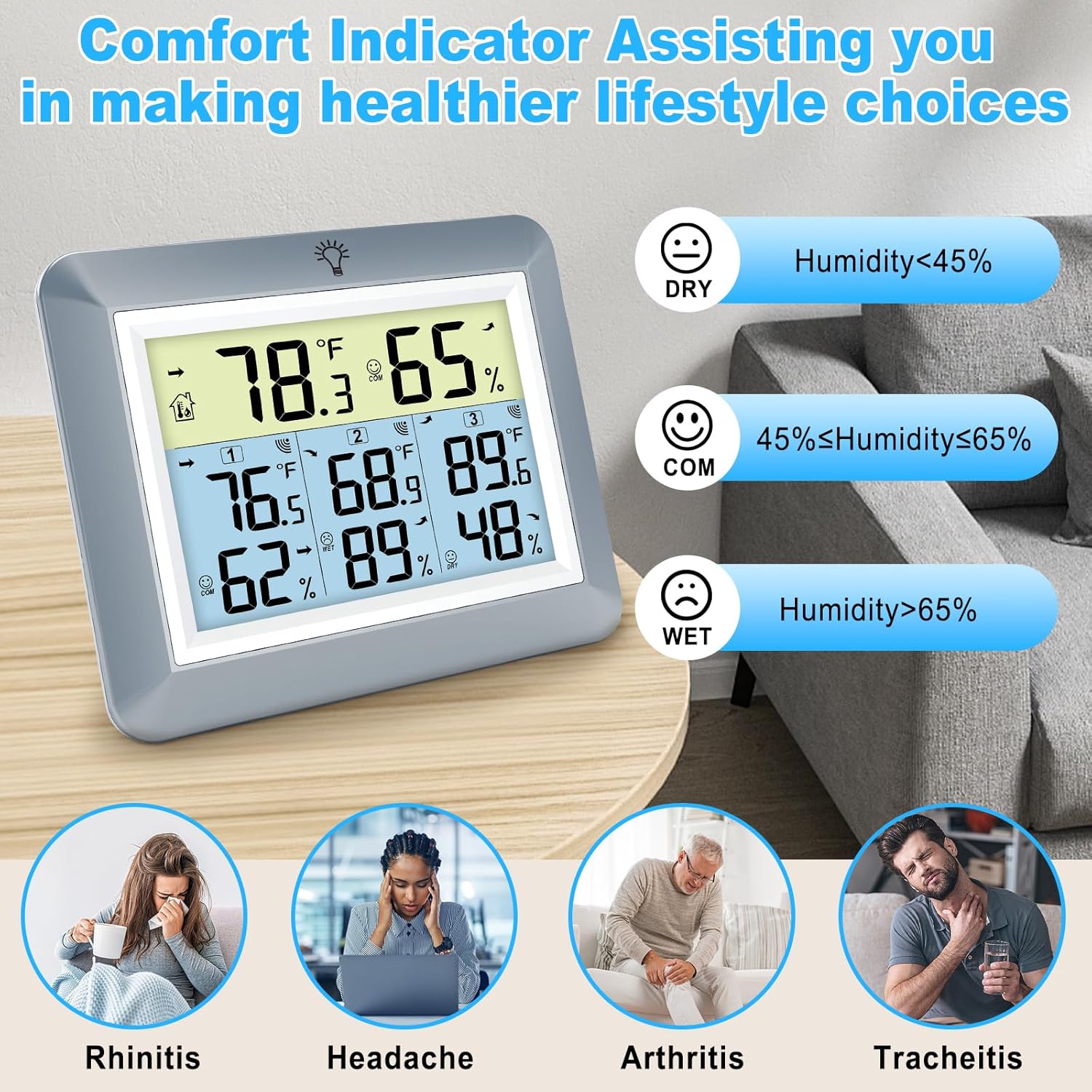 Urageuxy Weather Station Wireless Indoor Outdoor Thermometer with 3 Sensors, Remote Temperature Monitor with Humidity for Home, Baby Nursery, Room, Attic, Patio, Grey