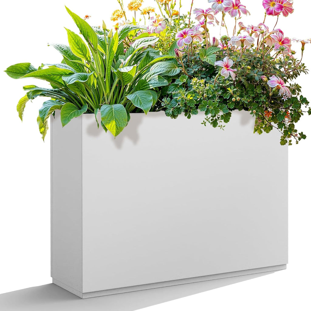 Rectangle Planter for Indoor & Outdoor, Tall and Long Planter Boxes with Drainage Holes, Mental Divider Planter Box All-Weather Use for Plants, Flowers, 35" L x 9" W x 26" H, White