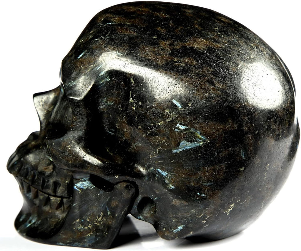 Skullis 5.0" Russian Arfvedsonite Hand Carved Crystal Skull, Super Realistic, Crystal Healing, Hand Carved Gemstone Fine Art Sculpture, Reiki Healing Stone Statue. z8
