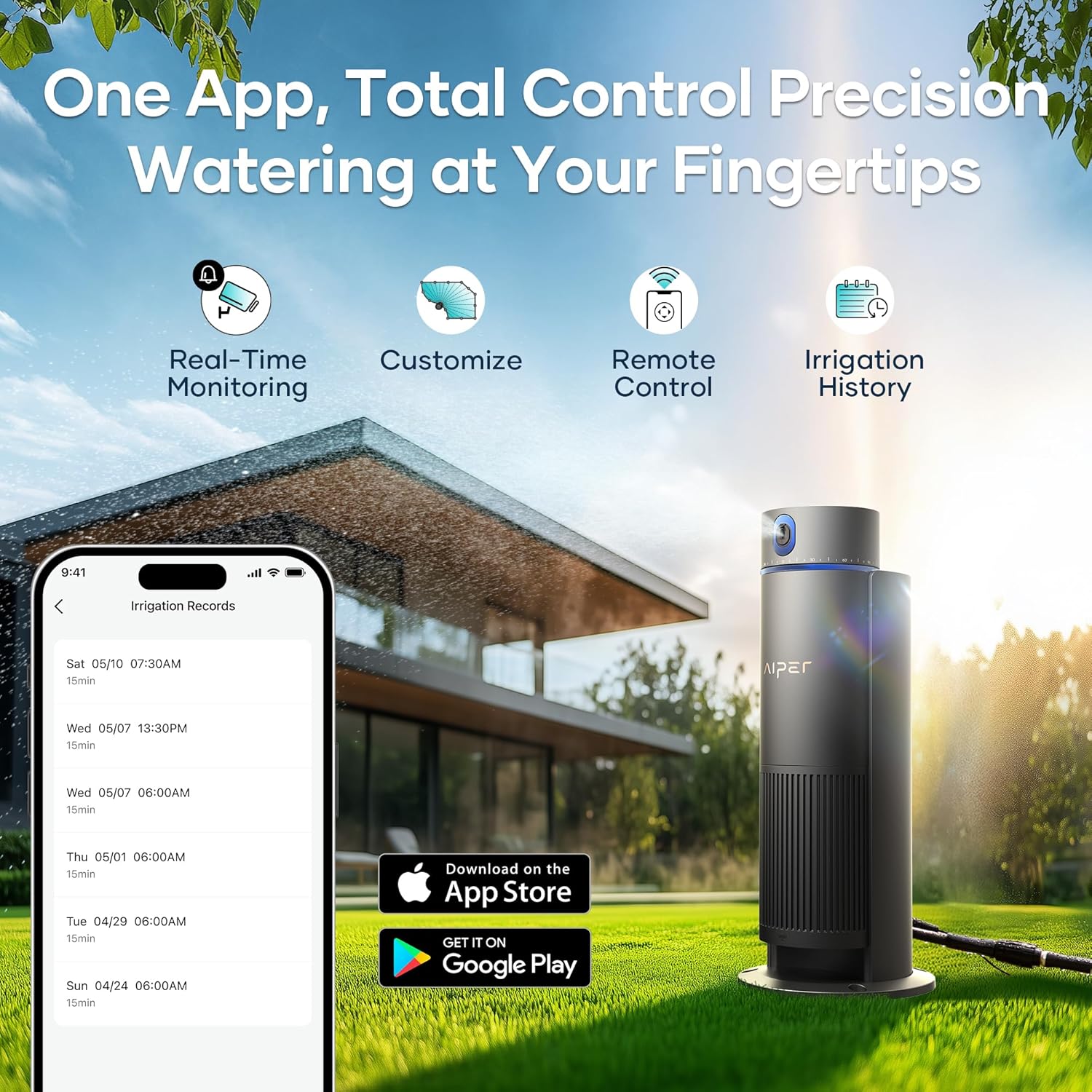 AIPER IrriSense Smart Sprinkler Irrigation System, App-Controlled, Custom Watering Map & Schedule, DIY Install, Covers up to 4,800 sq.ft., Weather Adaptive & Water-Saving, Gray
