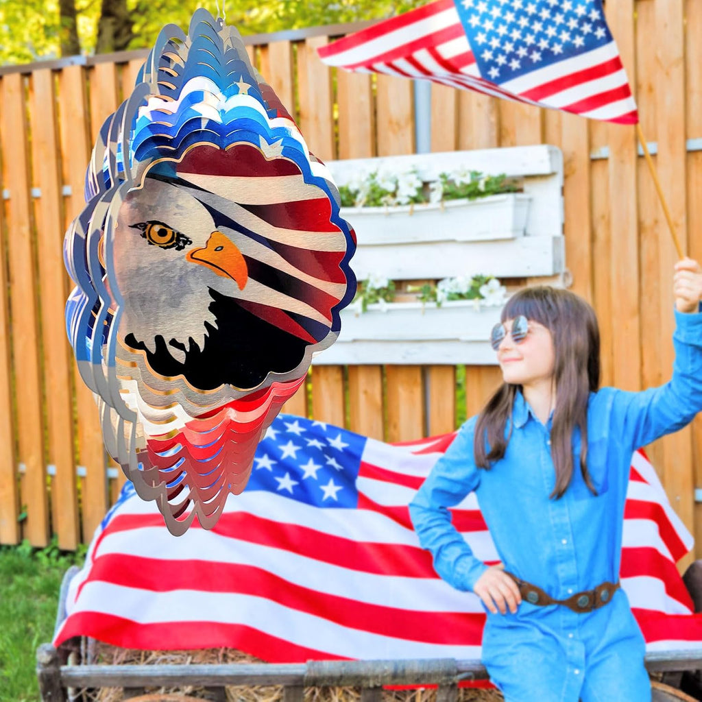 American Flag Wind Spinner - Patriotic Eagle Design | 12In 3D Holographic Hanging Wind Sculptures & Spinners, Outdoor Yard & Garden Decor for 4th of July, Memorial Day | Gift for Men, Women