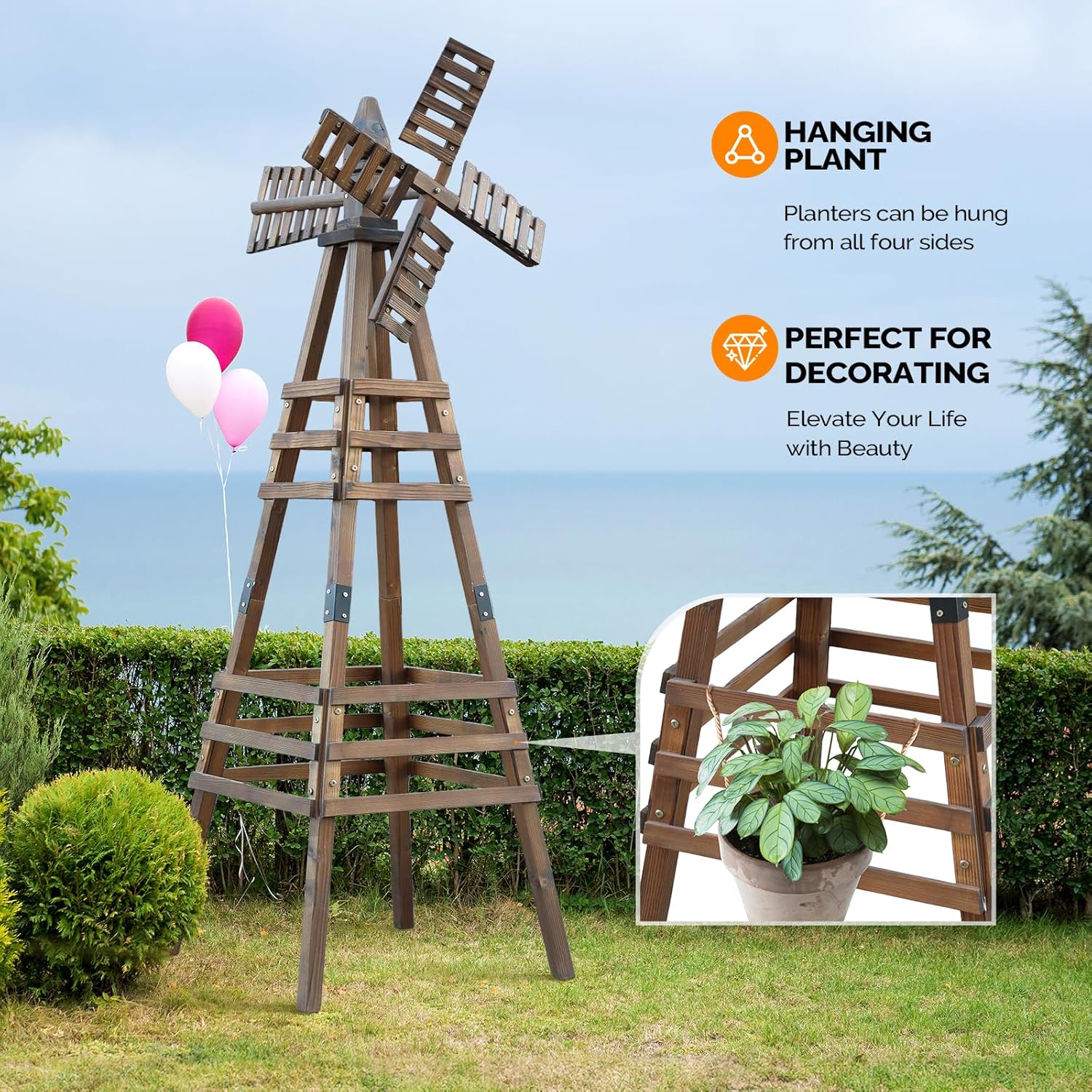 VINGLI Outdoor Yard Windmill, Wooden Wind Spinner for Garden Lawn Yard Patio Decoration (Carbonized Wood, Medium)