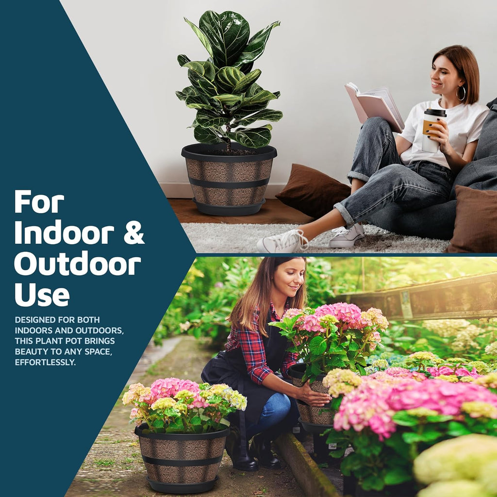 10-Inch Whiskey Barrel Planters Outdoor Pack of 2 - Durable Plastic Plant Pots for Indoor & Outdoor Use with Drainage & Saucer, Lightweight Rustic Barrel Planters for Flowers, Herbs & Small Plants