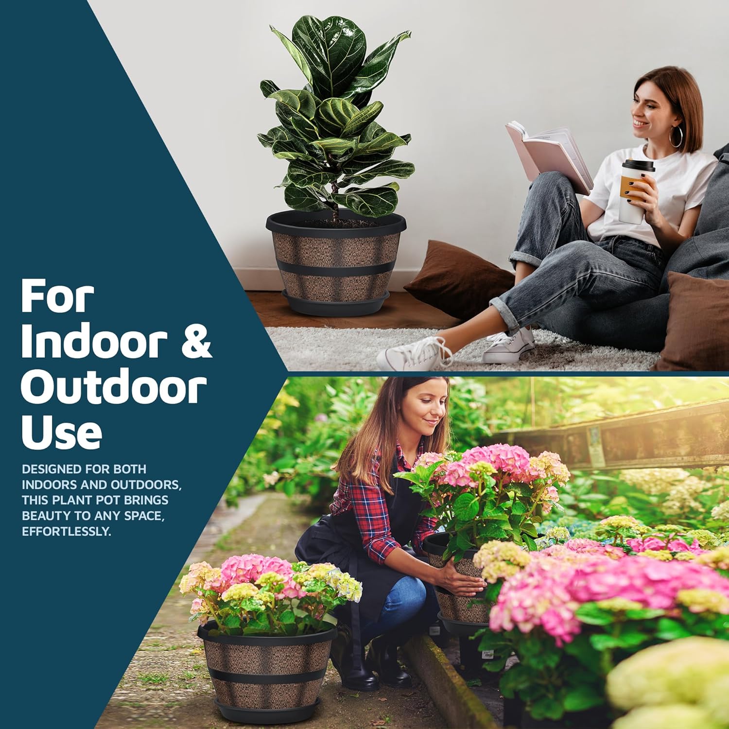 10-Inch Whiskey Barrel Planters Outdoor Pack of 2 - Durable Plastic Plant Pots for Indoor & Outdoor Use with Drainage & Saucer, Lightweight Rustic Barrel Planters for Flowers, Herbs & Small Plants