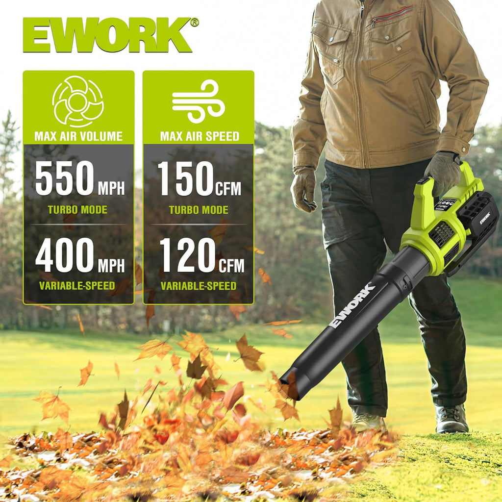 EWORK 21V Cordless Leaf Blower, Powerful Turbo Mode & 550 CFM, 2×3.0Ah Batteries & Fast Charger, Lightweight Electric Leaf Blowers for Lawn Care, Patio, Leaves & Dust