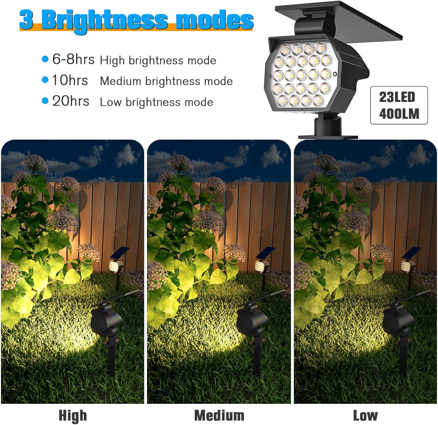 NIORSUN Solar Spot Lights Outdoor,23 LEDs Landscape Lighting with Auto On/Off and 3 Lighting Modes, IP67 Waterproof Spotlights,Outdoor Solar Lights for Yard Garden,8 Pack(Warm White)