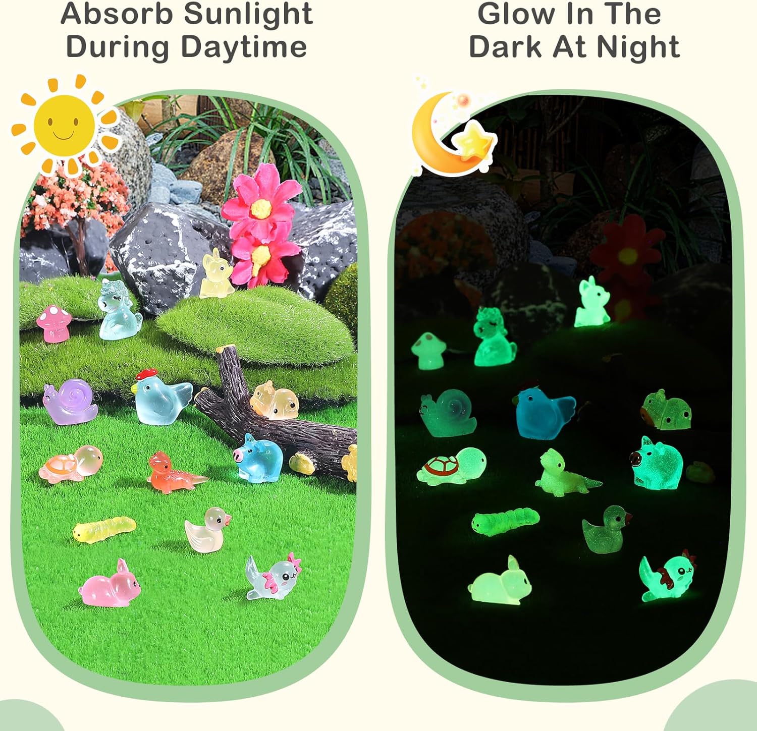 Luminous mini Resin Animals to Hide 120 Pcs Tiny Resin Animals Glow in The Dark for Miniature Fairy Garden Decoration Accessories Micro Landscape Aquarium Potted Decoration