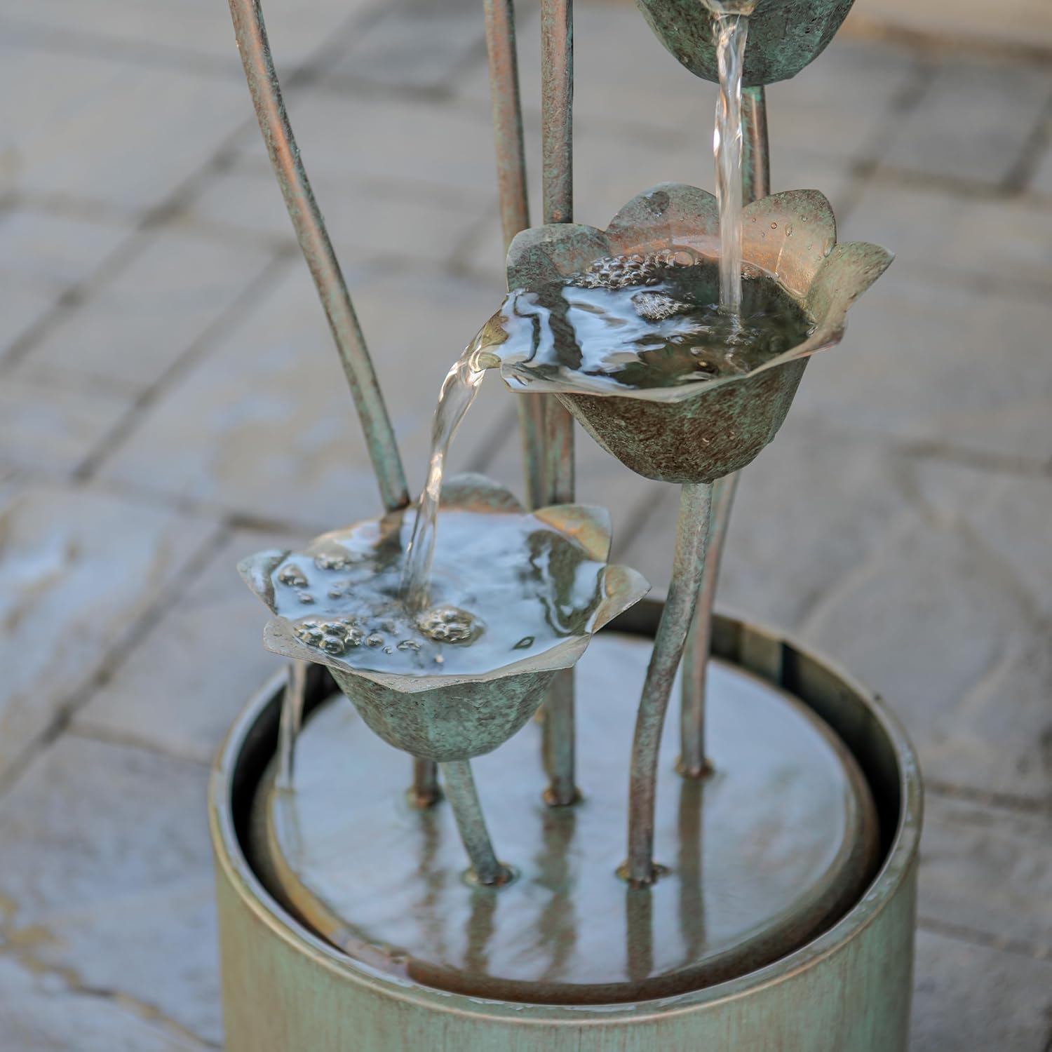 XBrand Freestanding Sculptural Metal Multi-Tiered Flower Water Fountain, No LED Lights, Silver, 35" Tall