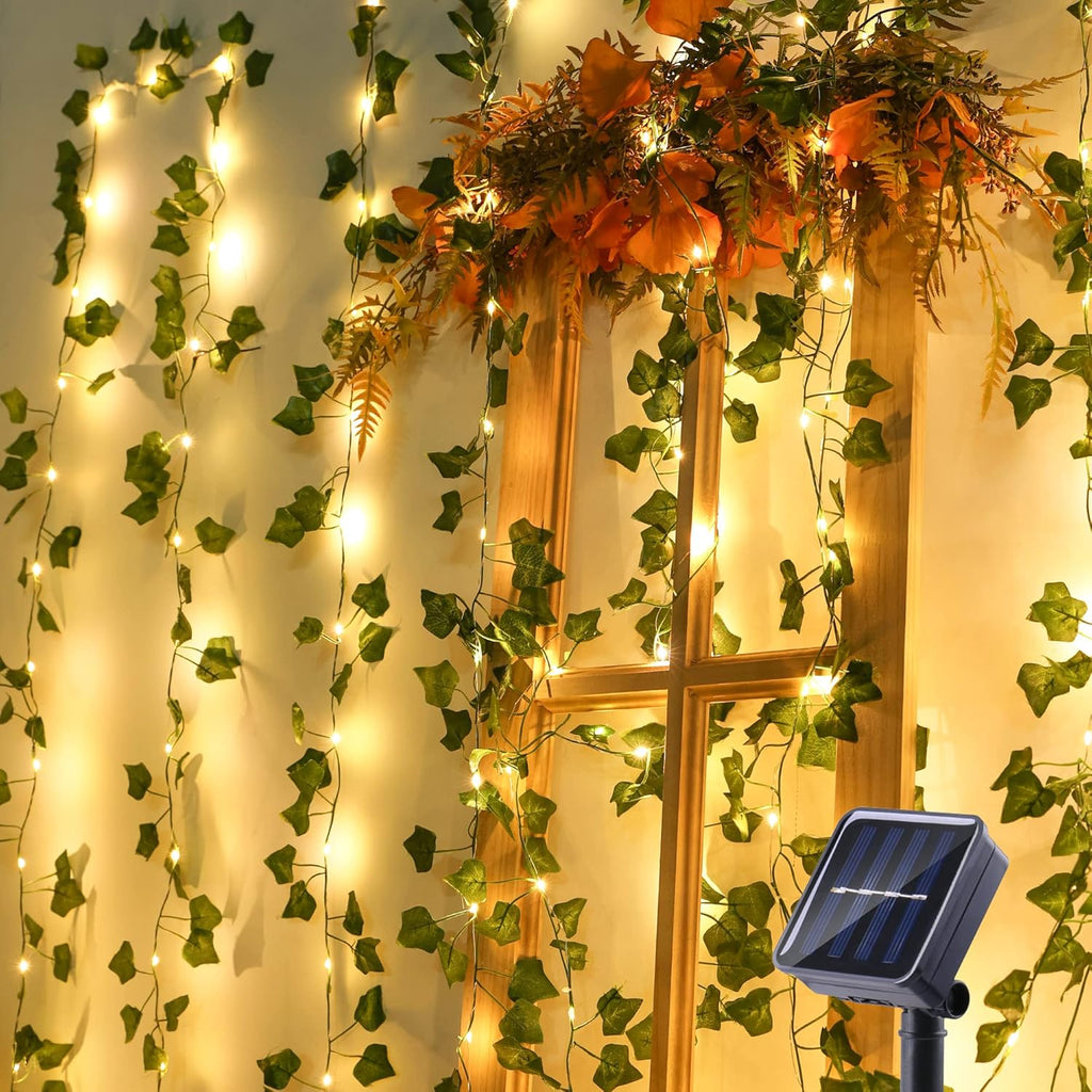 Brizled Solar Vine String Lights, 33ft 100 LED Solar String Lights, 8 Modes Artificial Ivy Leaf Solar Plant Vine Lights, Outdoor Ivy Fairy Lights for Outside Wedding Garden Fence Wall Hanging Decor