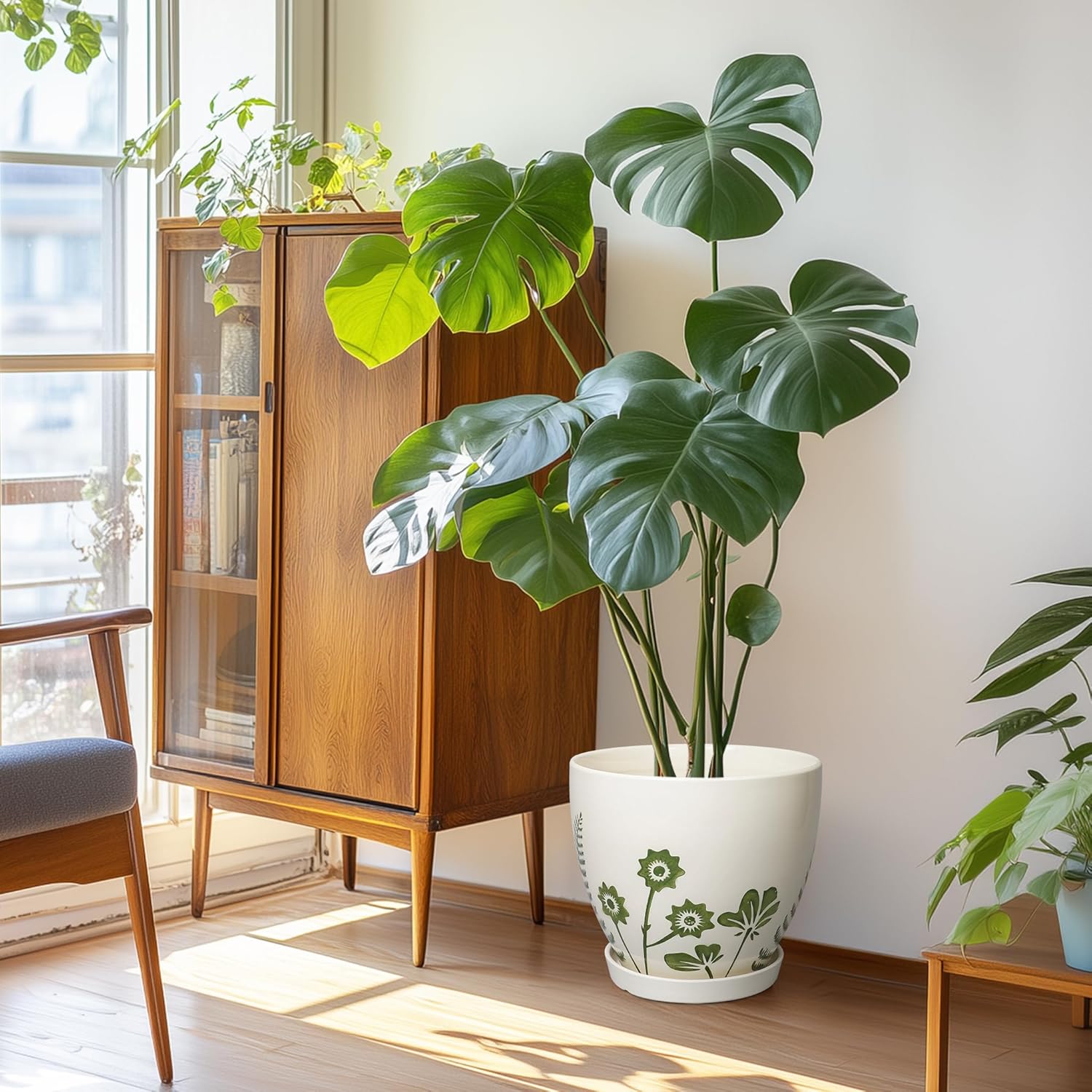 Ceramic Plant Pot 10 Inch - Ceramic Planter for Indoor Outdoor Plants, Decorative Boho Round Planter with Drainage Hole and Saucer, Housewarming Gifts, Office Garden Home Decor, White