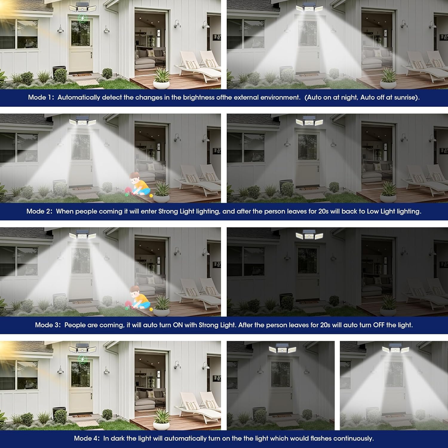 Solar Lights Outdoor Waterproof, Motion Sensor & Flood Outdoor Lights with Remote Control, 4 Adjustable Modes, 3000LM & 218 LED, High-Energy-Density Solar Panel-Monocrystalline Technology, 4 Pack