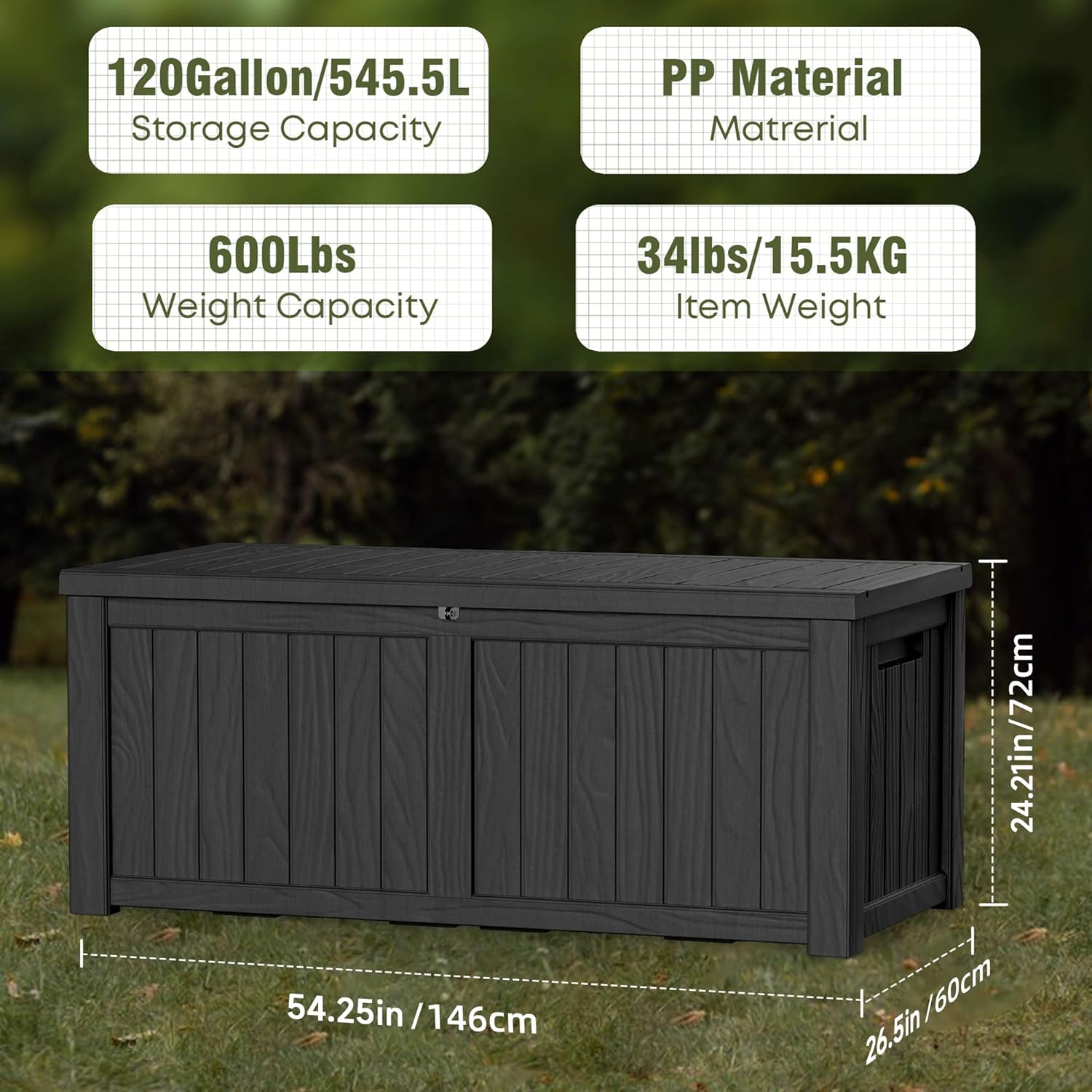 120 Gallon Waterproof Outdoor Storage Box,Resin Deck Box,Lockable Outside Storage Box Container for Patio Furniure,Garden,Tools (120 Gallon,Black)