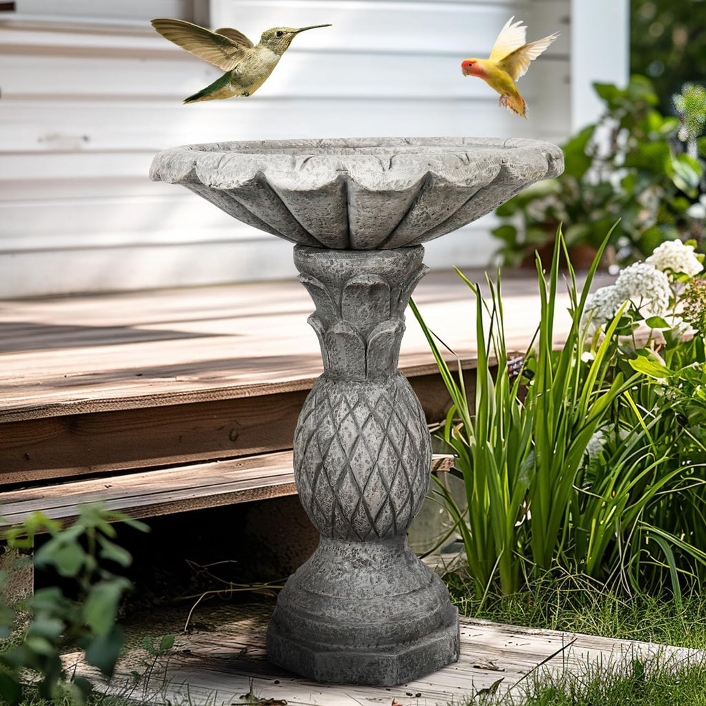 SKYFIRE 24.8" H Cement Modern Outdoor Bird Bath - Fibre Reinforced Concrete Bird Baths for Garden, Large Size Elegant Carved Garden Birdbaths with Pedestal for Patio, Backyard, Lawn Decor