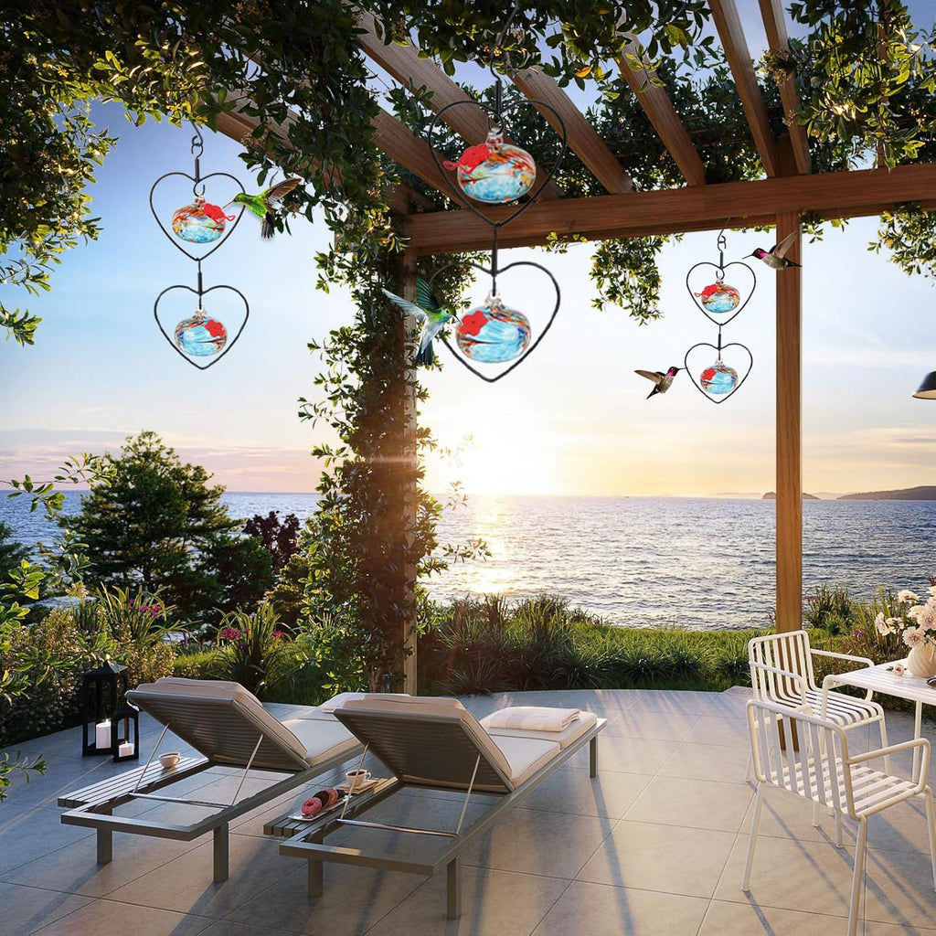 6 Pcs Heart-Shaped Hummingbird Feeder for Outdoors Hanging, Flexible Stackable Hand Blown Glass Humming Bird Feeders with 6 Adjustable Perch for Garden Tree Yard Patio Outdoors (Heart Shaped, Blue)