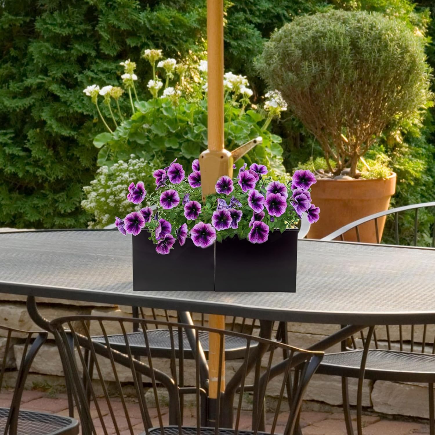 AuldHome Design Umbrella Planter for Patio Table (Black Square), w/Umbrella Hole, Enamelware Rectangular Planter Pots