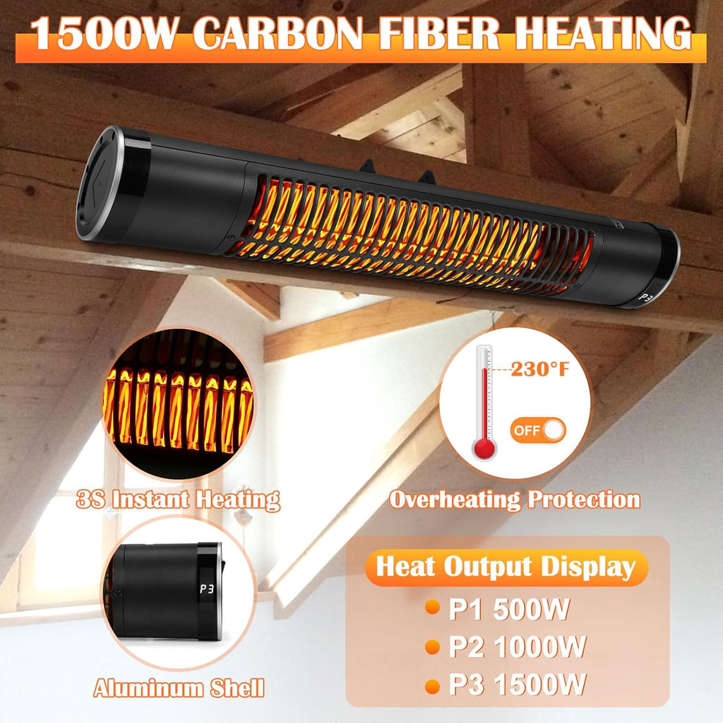 Electric Outdoor Heater, 1500W Patio Heater for Outdoor Use, Wall-Mounted Carbon Infrared Heater,With Remote, 3 Heat Levels, 8H Timers, Radiant Heater for Garage, Gazebos, Shop, Pack of 2