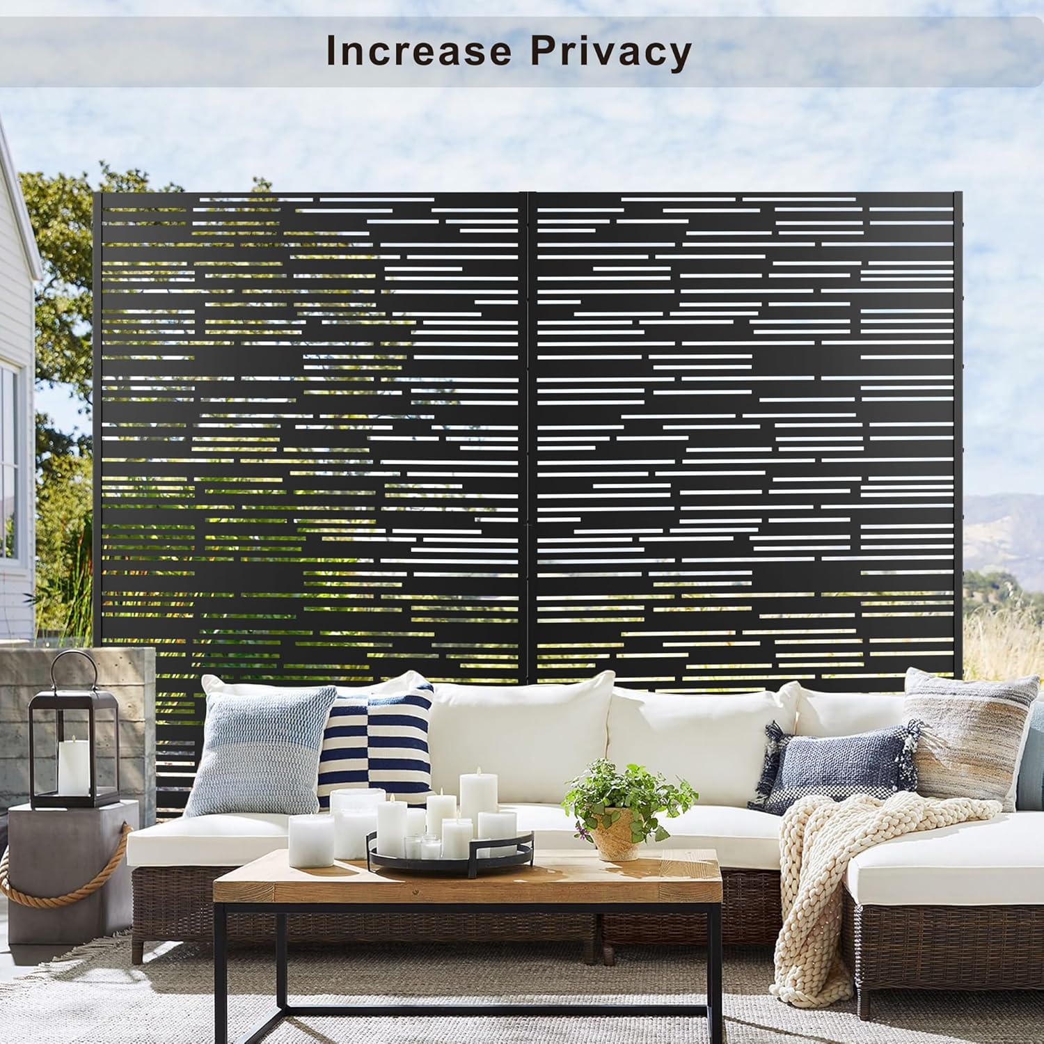 Metal Privacy Screen Outdoor 72" H×47" W,Freestanding Decorative Privacy Screen for Balcony Yard&Garden,Privacy Fence-Black&Shine