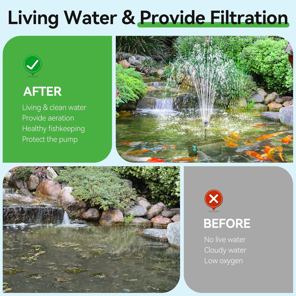 POPOSOAP 30W Solar Pond Filter with Fountain Pump, Pond Filters for Outdoor Ponds with 430GPH Pond Pump & 4 Fountain Heads and 6.5Ft PVC Tubing for Garden Water Features Waterfall Koi Pond