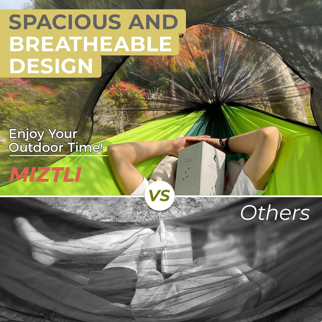 Miztli Camping Hammock -Portable Hammock w/Spacious Net & Tree Straps w/Adjustable Loops, Double and Single Hammock for Outdoor, Indoor, Hiking and Travel