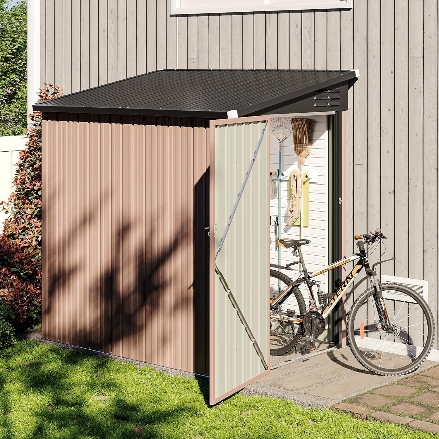 6x4 FT Lean to Shed, Outdoor Metal Storage Shed, Utility Steel Tool Shed with Lockable Door for Bike, Garden, Backyard, Patio, Lawn