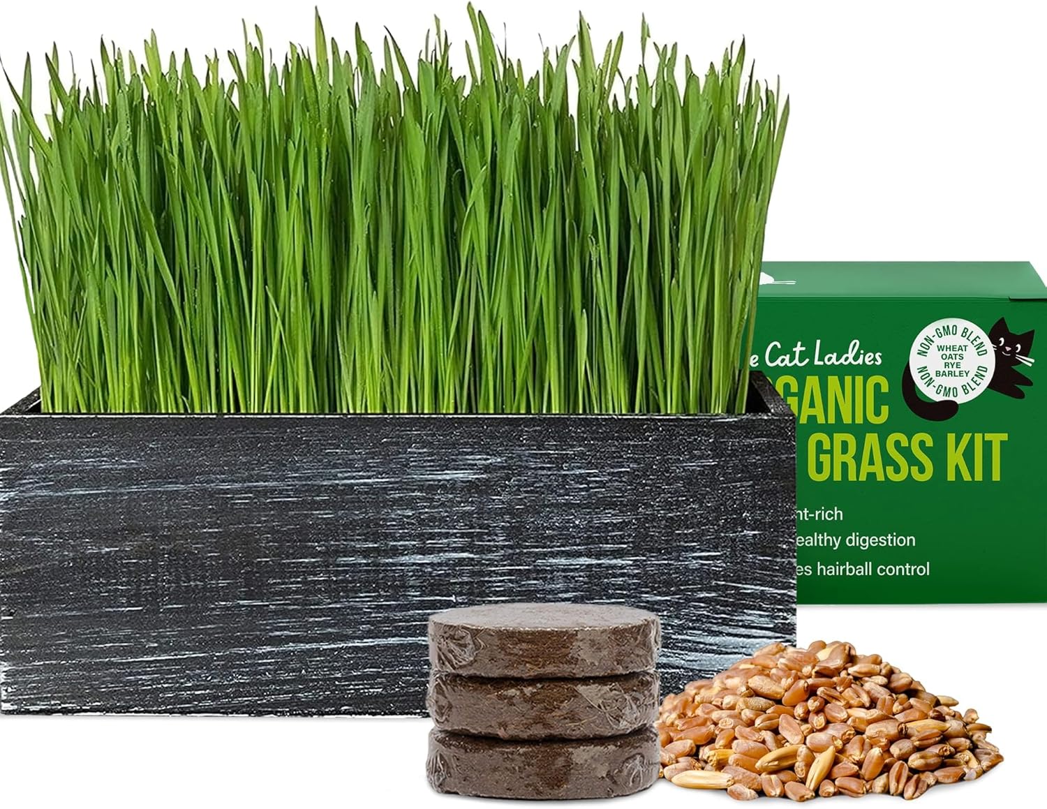 The Cat Ladies Cat Grass Kit with Black Rustic Wooden Planter, Organic Cat Grass Seeds and Soil. Easy to Grow Cat Grass for Indoor Cats. Prevent Hairballs and Aid Digestion