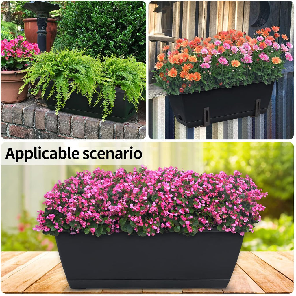 Window Box Planter, 10 Pack Plastic Vegetable Flower Planters Boxes 17 Inches Rectangular Flower Pots with Saucers for Indoor Outdoor Garden, Patio, Home Decor (Black)