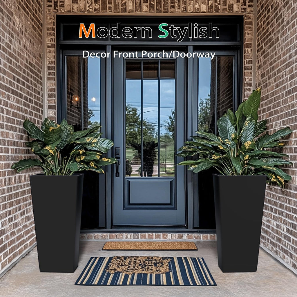 Tall Planters for Outdoor Plants, Large Resin Flower Pots for Garden, Front Porch, Patio, Indoor - Set of 2 (Black, 27.5 inch - 2 Pack)