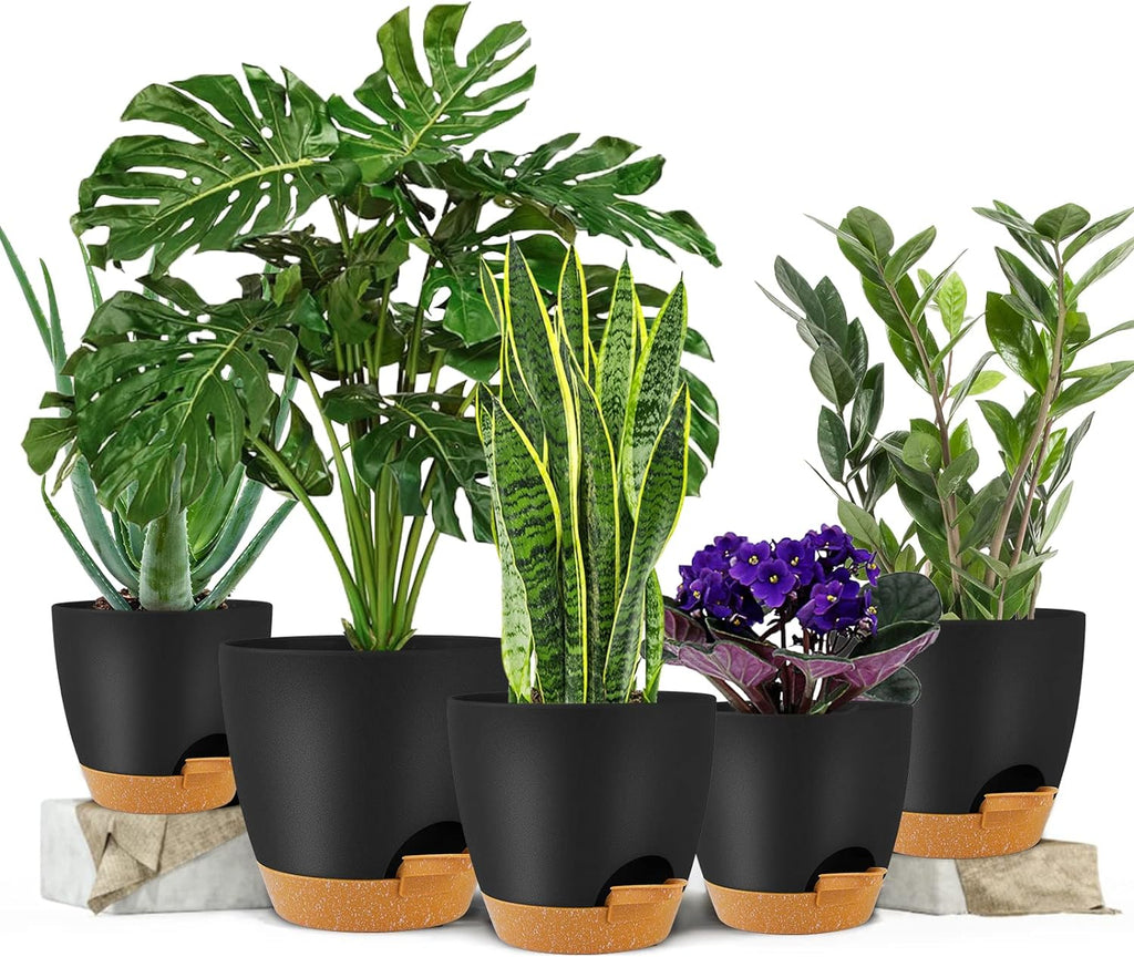 GARDIFE Plant Pots 7/6.5/6/5.5/5 Inch Self Watering Planters with Drainage Hole, Plastic Flower Pots, Nursery Planting Pot for All House Plants, Succulents,Snake Plant, African Violet, Flowers,Black