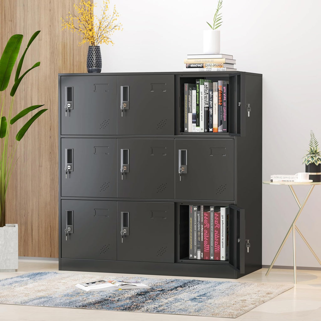 9 Doors Metal Lockers for Employees, Steel Storage Locker with Lock and Card Slot,Lockable Office Metal Storage for School Office Gym Bedroom,Garage (Black)