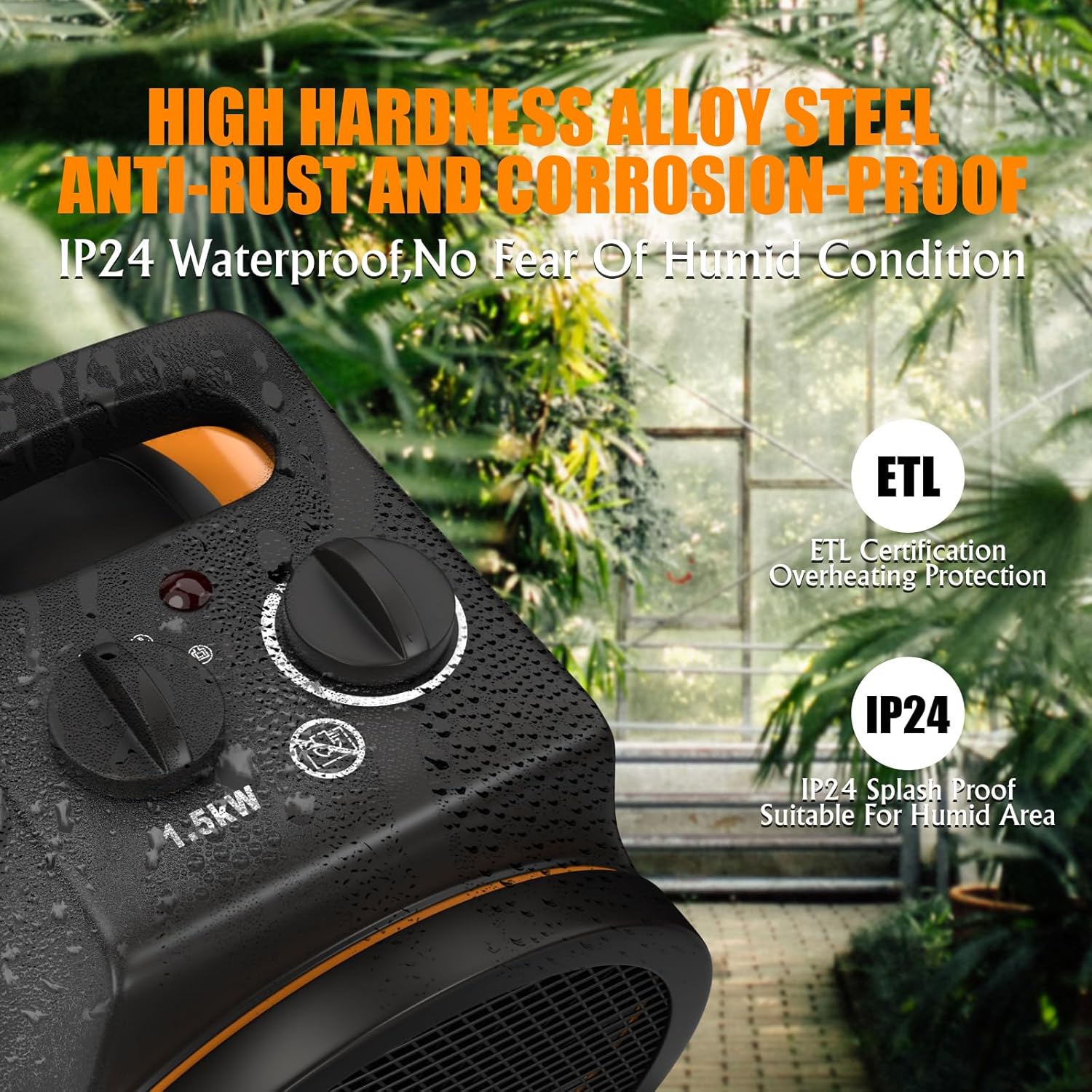 Gardtech Greenhouse Heater with Digital Thermostat, 1500W Portable Outdoor Heater with Overheat Protection, Grow Tent Heaters [Stronger air volume] Fast Heating for Patio, Garage, Flower House(Orange)