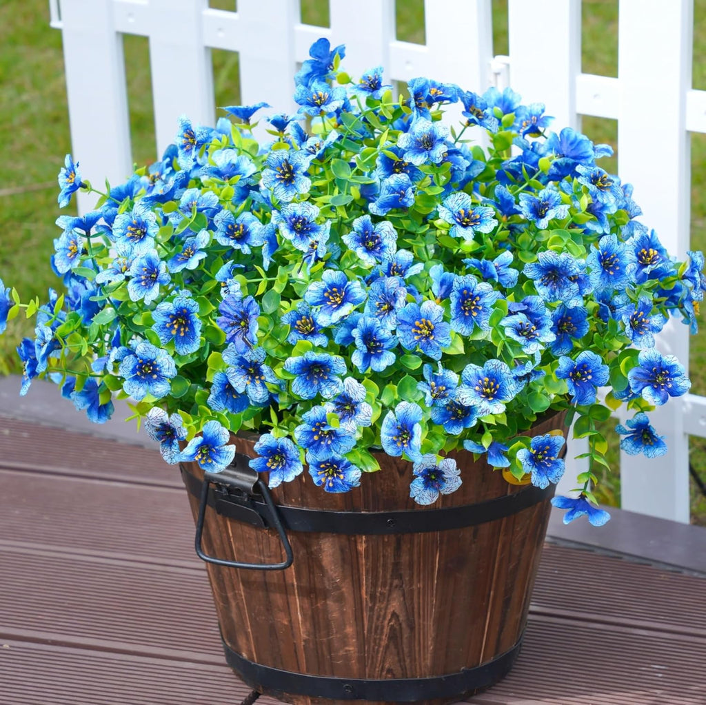 Artificial Flowers for Outdoor Indoor Garden Home Decoration, Faux Flower Daisy with Eucalyptus Leaves Fake Plants Greenery Boxwood Porch Patio, 12 Bundles (Blue)