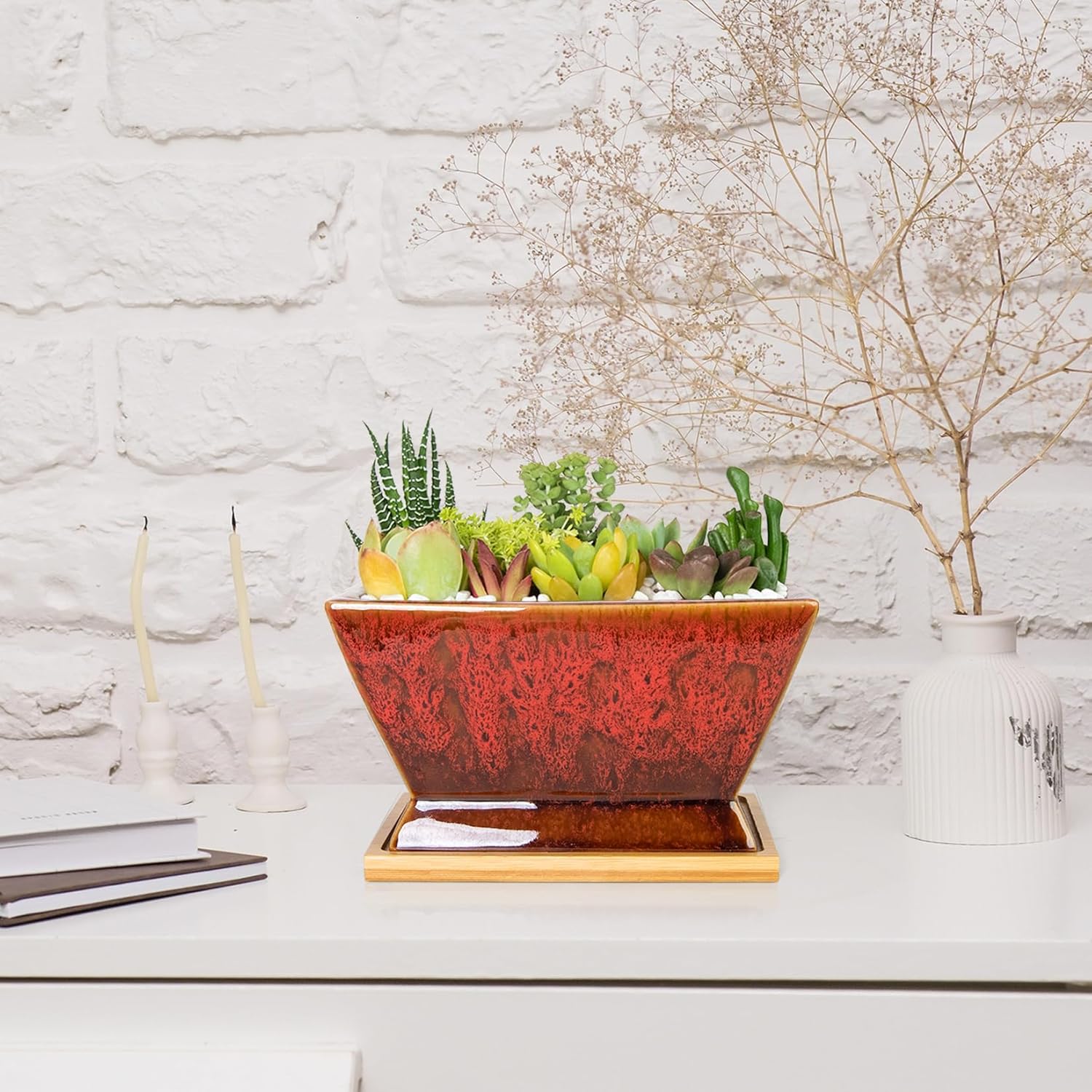 ARTKETTY Succulent Pots - 7 Inch Large Plant Pot with Drainage Tray, Shallow Ceramic Pots for Indoor Plants, Modern Cactus Bonsai Plant Container Decorative Home Office