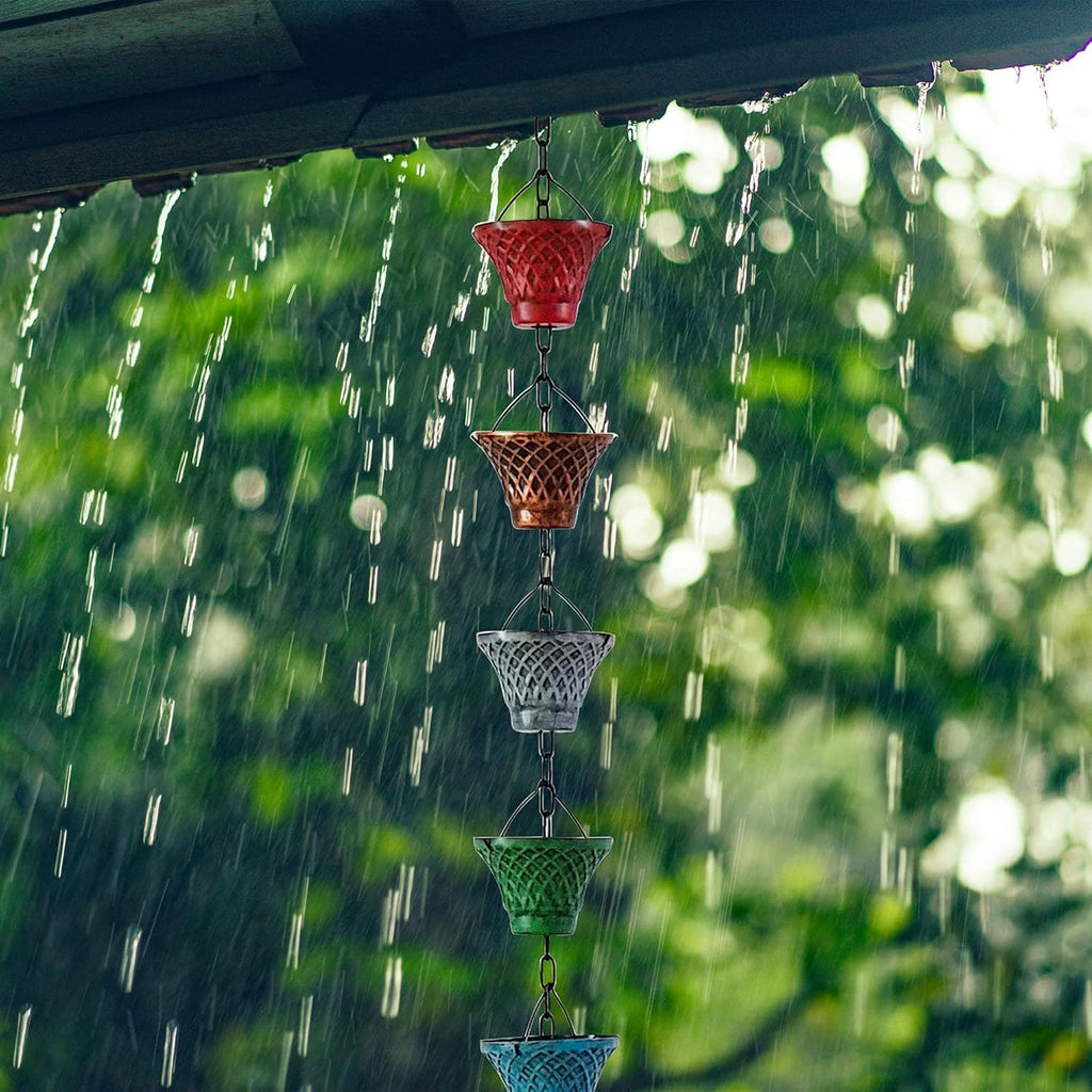 5.8FT Multicolor Iron Rain Chains for Gutter and Rain Barrel, Rust-Resistant Plated Garden Décor Rain Chain for Downspout, Bonus Rain Chain Gutter Adapter