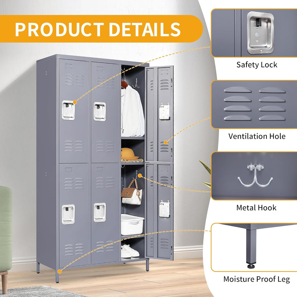 Metal Lockers for Employees, Storage Employee Locker, 72" Storage Lockers with Shelves Steel Cabinet for Home (Gray, 6 door-72'')