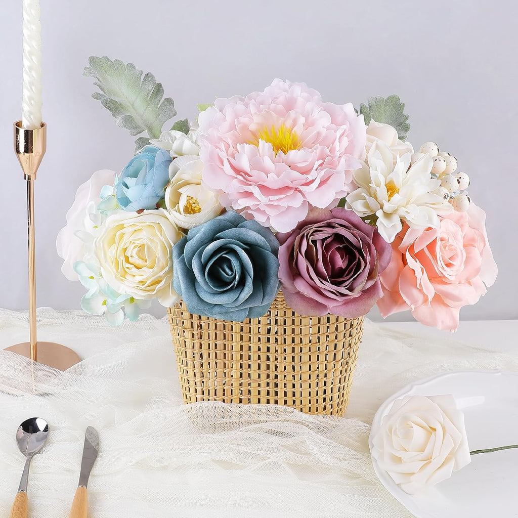 AGIRL Artificial Flowers Combo Silk Pink Roses Fake Flower with Stems for DIY Wedding Bouquets Centerpieces Arrangements Table Chair Decor Baby Shower Home Decor (Blue Pink)